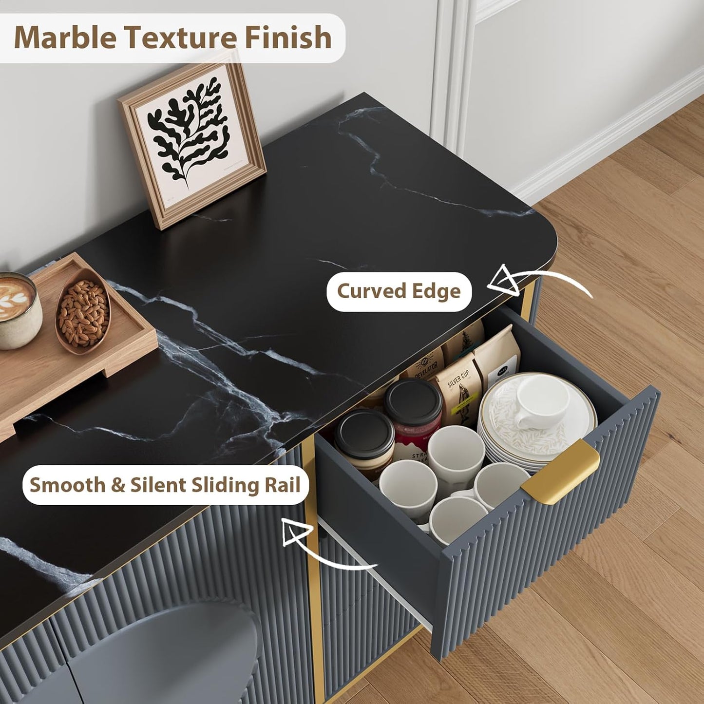 47.3" Modern Buffet Cabinet with Storage, Kitchen Sideboard Buffet with 2 Door & 3 Drawers, Fluted Caffee Bar Storage Cabinet for Dining Room, Living Room, Entryway, Navy Blue