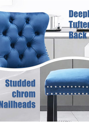 Set of 4 Modern Velvet Bar Stools with Wooden Legs, Button Tufted Design, and Chrome Nailhead Accents (Blue)