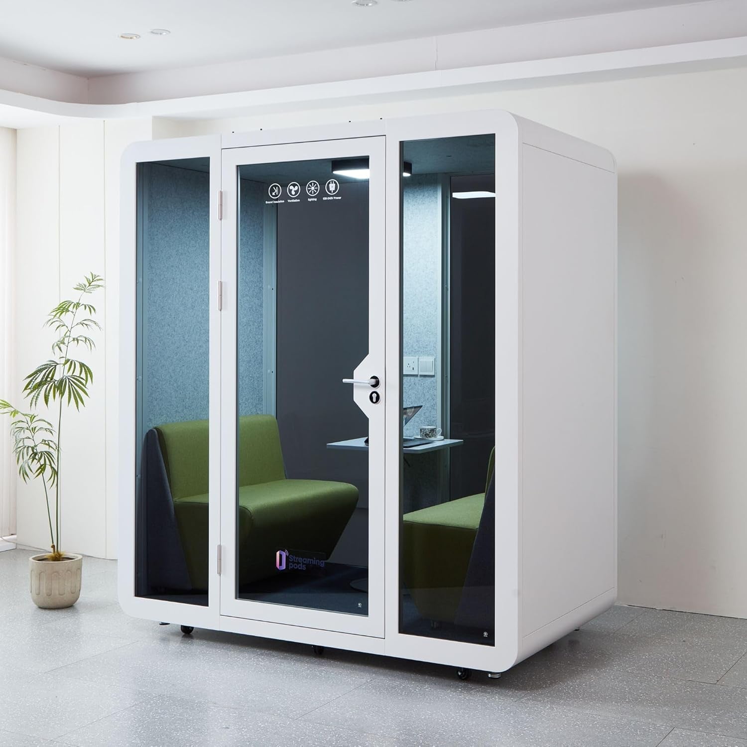 Mobile Office Pod Booth, Sound Proof Office Pod Booth with Mobile Roller, Larger Space for 2-4 People, LED Lighting System,Fans and AC USB Ports（White-Grey）