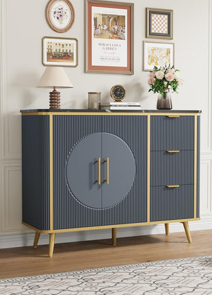 47.3" Contemporary Buffet Cabinet with Storage, Featuring 2 Doors and 3 Drawers, Fluted Design Coffee Bar Storage Solution for Dining Room, Living Room, and Entryway in Navy Blue