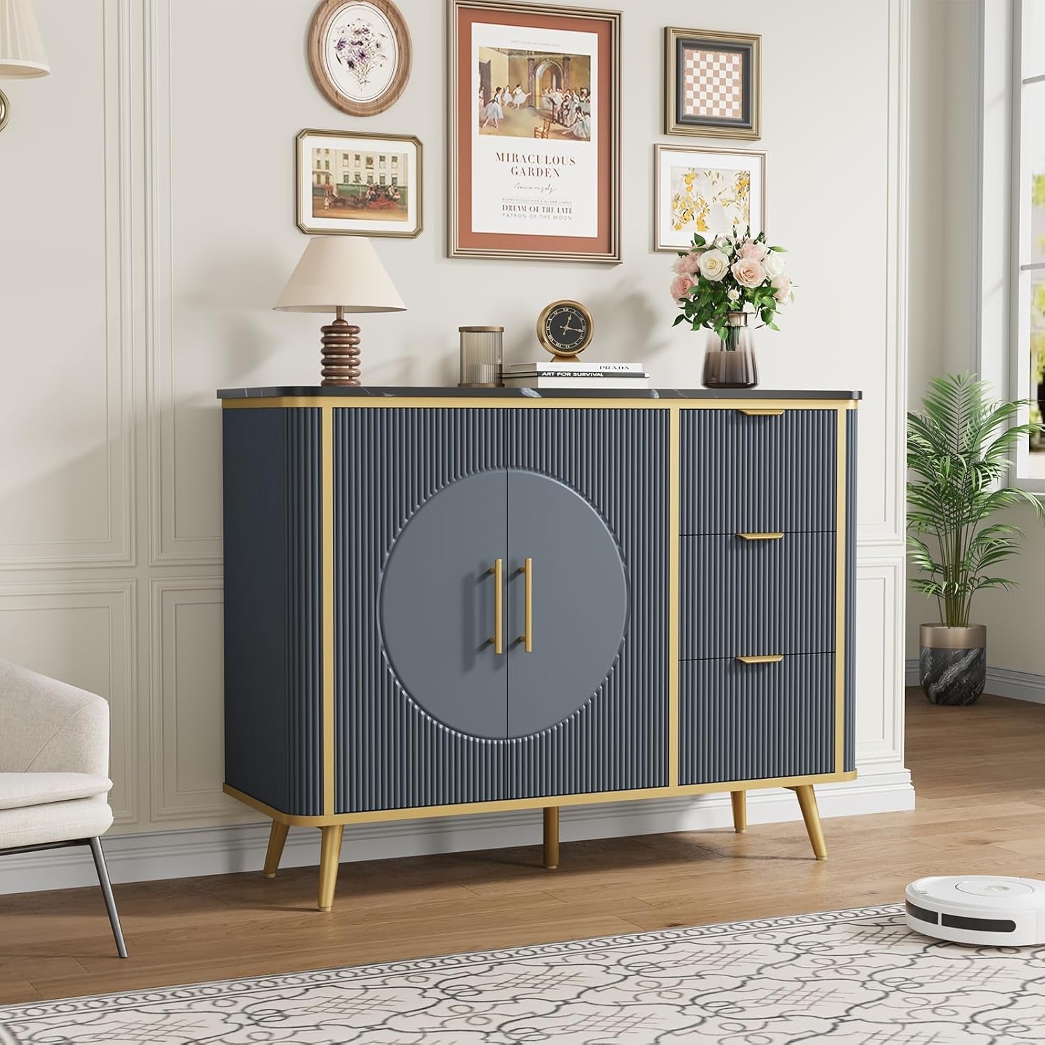 47.3" Modern Buffet Cabinet with Storage, Kitchen Sideboard Buffet with 2 Door & 3 Drawers, Fluted Caffee Bar Storage Cabinet for Dining Room, Living Room, Entryway, Navy Blue