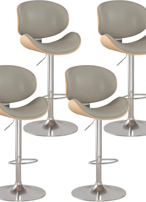 Set of 4 Adjustable Height Swivel Bar Stools with Footrest, PU Leather Upholstery and Bentwood Design for Kitchen, Bar, and Dining Room (Grey)