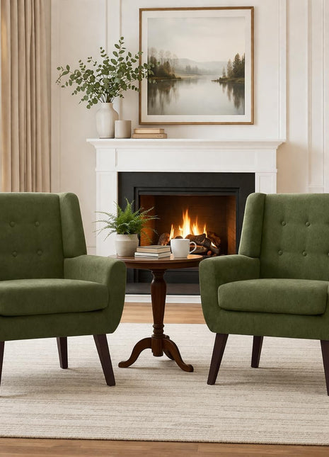 Set of 2 Mid-Century Modern Upholstered Button-Tufted Accent Chairs with Wooden Legs, Green Fabric Armchairs for Living Room and Bedroom