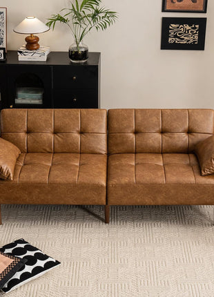 Luxurious 85” Futon Sofa Bed with Storage and Adjustable Armrests - Mid Century Modern Faux Leather Loveseat for Living Room, Bedroom, and Apartment in Elegant Brown Design