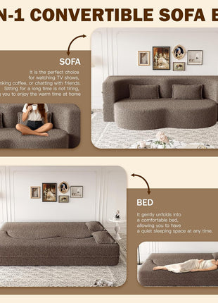 78-Inch Convertible Oversized Cloud Loveseat Sofa Bed – Minimalist Design for Living Room, Apartment, or Office – No Assembly Required (Brown)