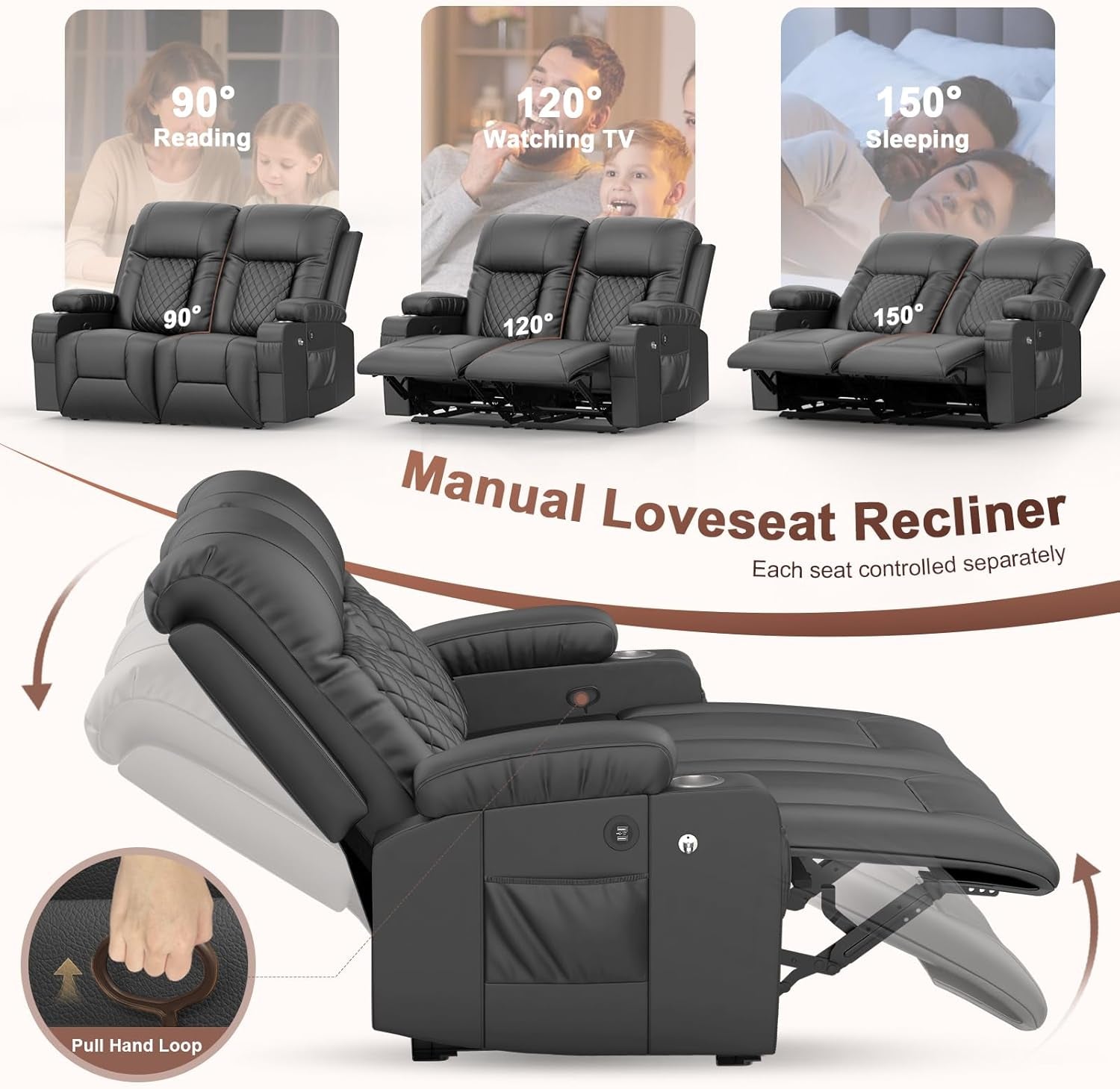RV Loveseat Recliner Sofa, Reclining Loveseat Wall Hugger Recliners with USB Ports, Cup Holders, Insert Pockets, RV Recliners for Travel Trailers & Living Room, RV Furniture | RV Couch | Gray