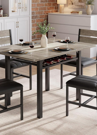 Extendable Dining Table Set for Four with PU Leather Upholstered Chairs and Integrated Storage Rack, Perfect for Compact Spaces, Grey Finish