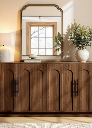 67" Arched Walnut Buffet Cabinet with Storage - Large Mid-Century Modern Credenza with 4 Doors for Kitchen and Living Room (67" x 31.5" x 15.7")