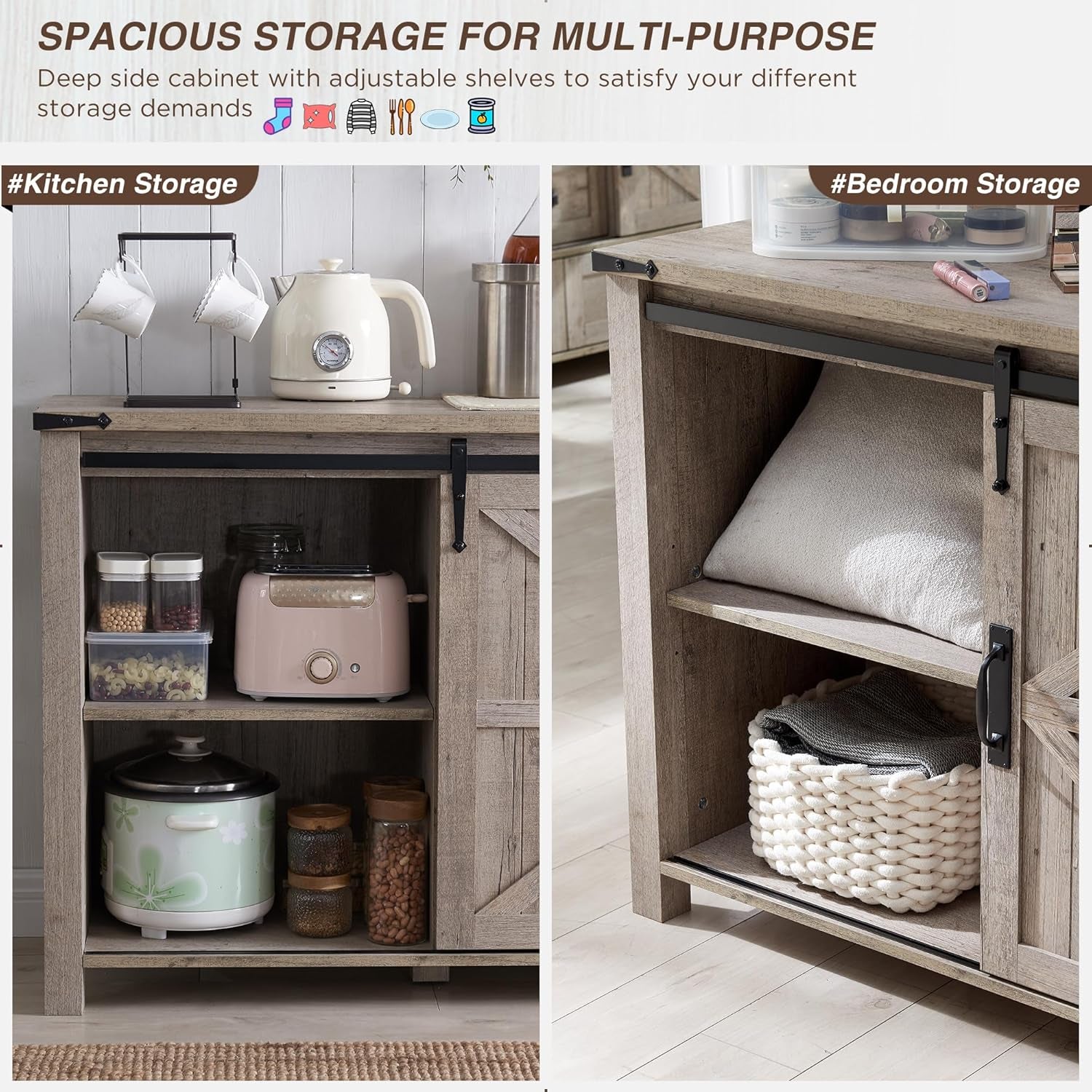 Farmhouse Sideboard Buffet Cabinet with Storage, 60" Large Kitchen Cabinet W/Sliding Barn Doors and 4 Drawers, 31.2'' Tall Rustic Wood Coffee Bar Table for Dining Room, Light Rustic Oak