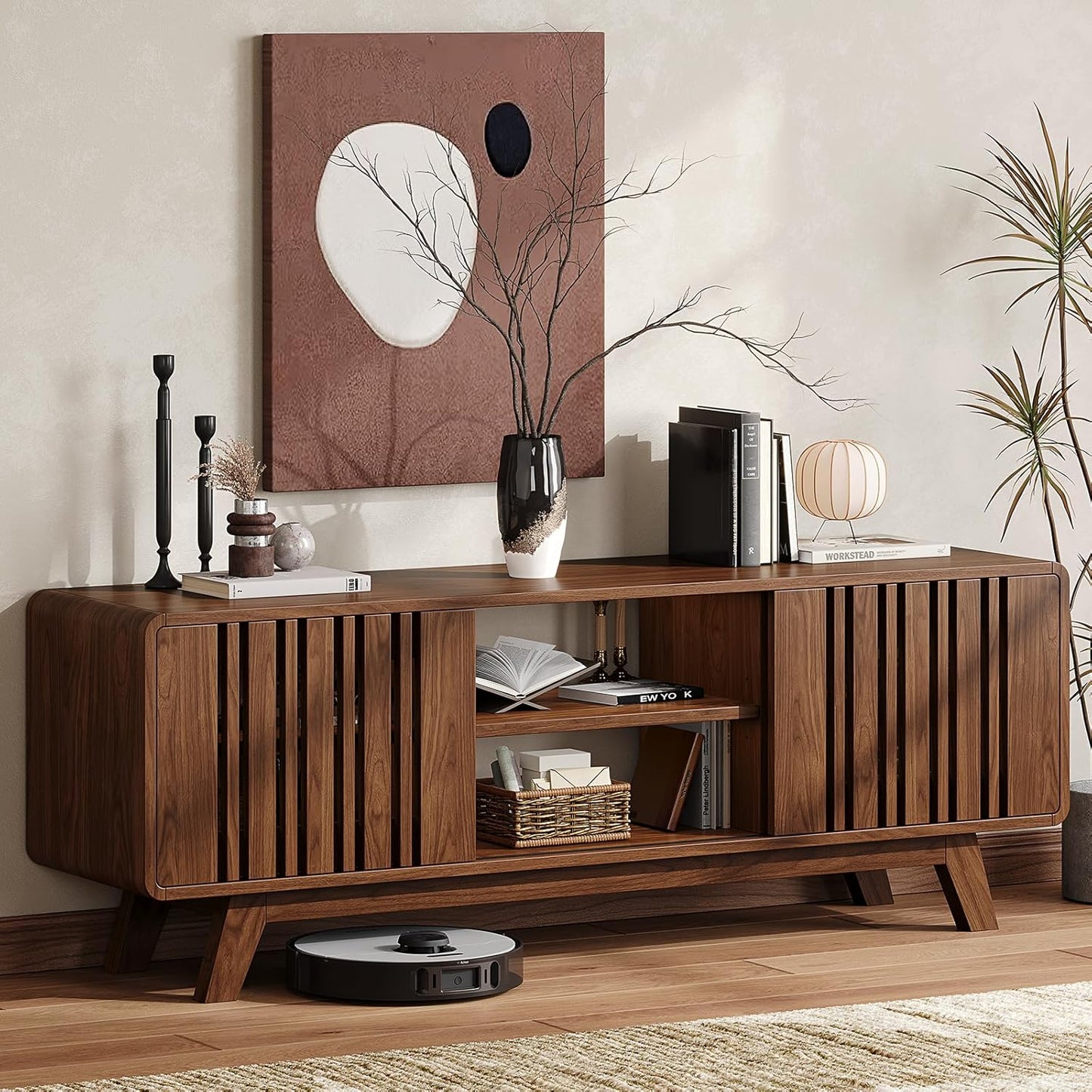 63-Inch TV Stand for Tvs up to 75 Inch, Mid-Century Modern Television Stand with Power Outlet, Entertainment Center with Sliding Grille Door Cabinets and Open Shelves for Living Room, Walnut