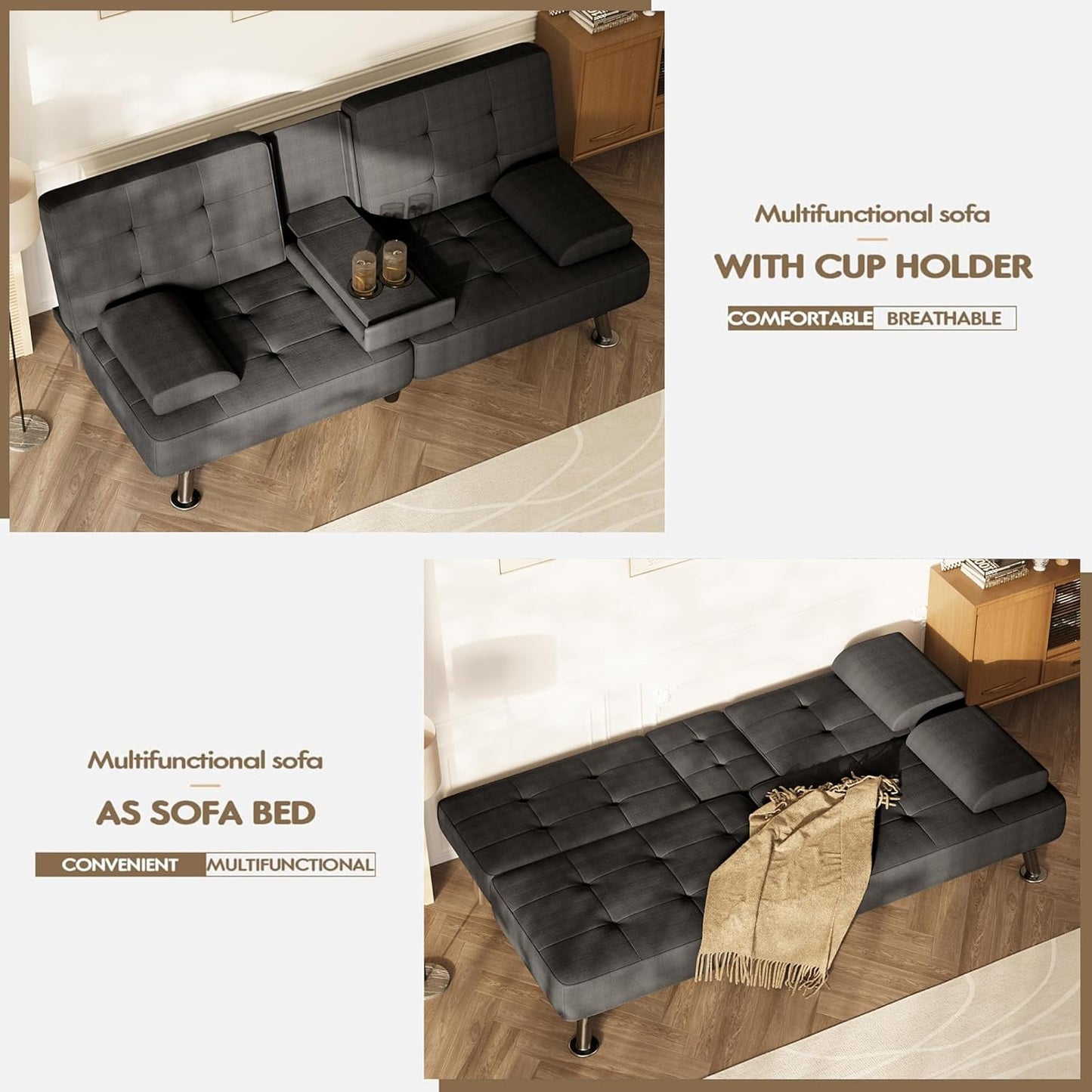 Futon Sofa Bed, Futon Couch with Removable Armrests, Adjustable Recliner Sleeper Sofa Bed with Dual Cup Holders for Living Room, Apartment, Office (Fabric, Black)