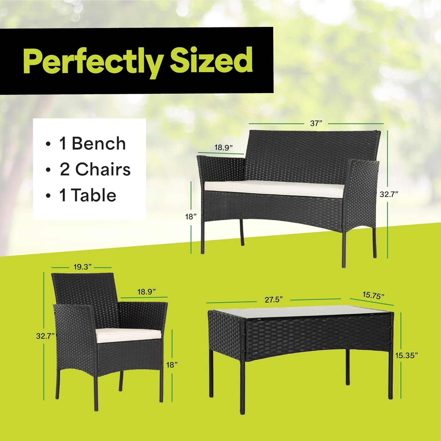 4-Piece Outdoor Patio Furniture Set - Patio Set with 2 Rattan Chairs, 1 Loveseat & 1 Glass -Top Coffee Table - Weather-Proof Wicker with Cushions - Conversation Set for Porch, Balcony, Lawn