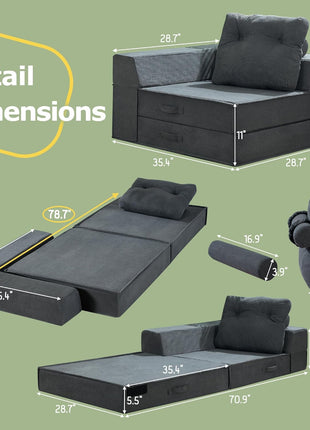 Convertible 4-in-1 Folding Sofa Bed with Memory Foam Mattress and Support Pillow - Modern Futon Chair for Living Room, Apartment, and Guest Use in Black Grey