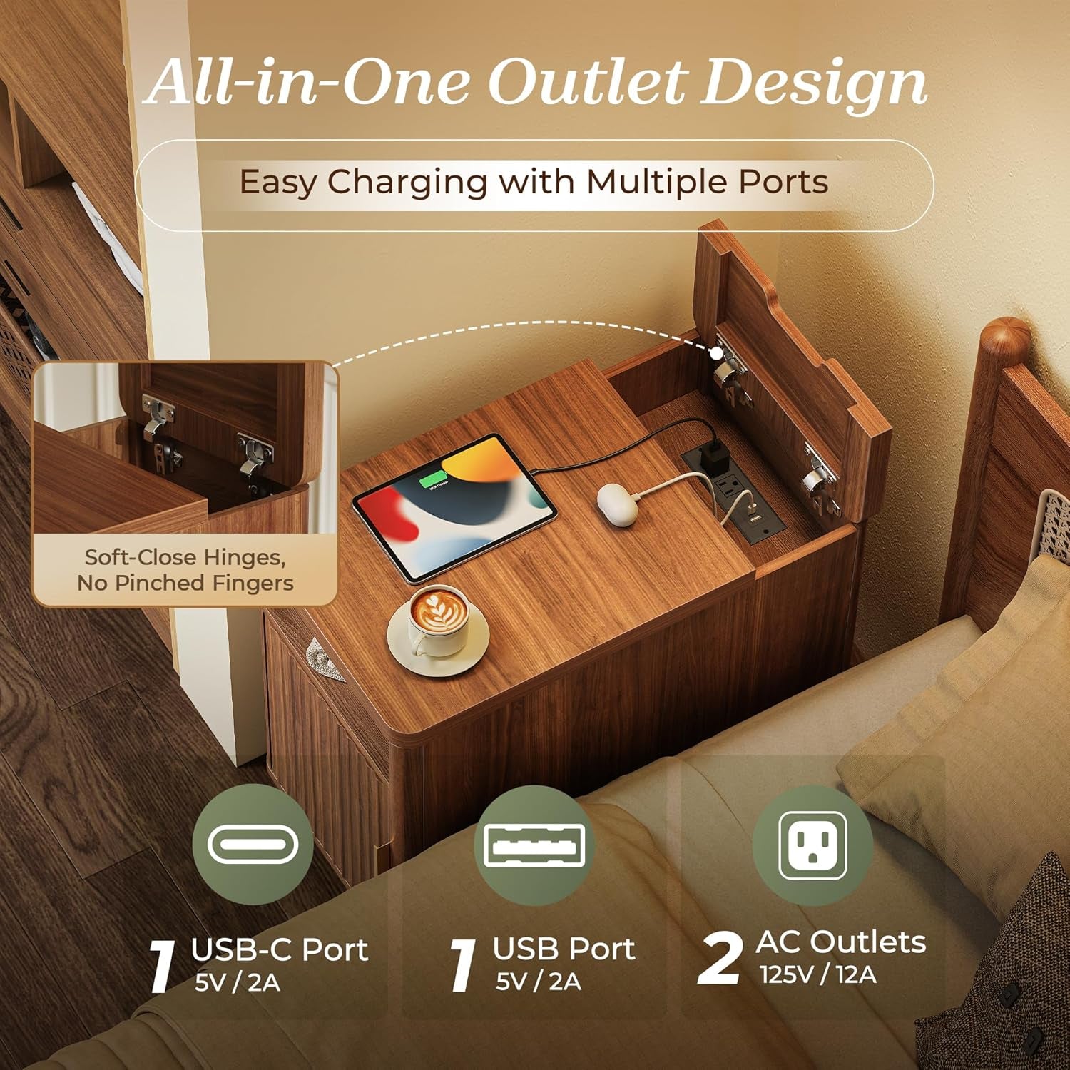 Narrow End Table with Charging Station, USB-C Port, Fluted Nightstand with Storage Cabinet, Back Rack, Farmhouse Side Table for Small Spaces, 13.4 × 23.6 Inch Night Stand, Walnut