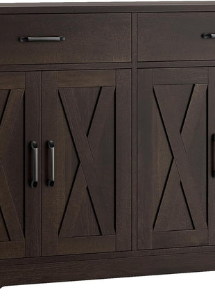 47.2" Modern Farmhouse Buffet Cabinet with Storage, Drawers, and Barn Doors - Dark Brown Kitchen Sideboard and Coffee Bar Station for Living Room