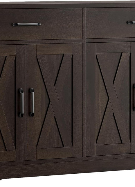 47.2" Modern Farmhouse Buffet Cabinet with Storage, Drawers, and Barn Doors - Dark Brown Kitchen Sideboard and Coffee Bar Station for Living Room