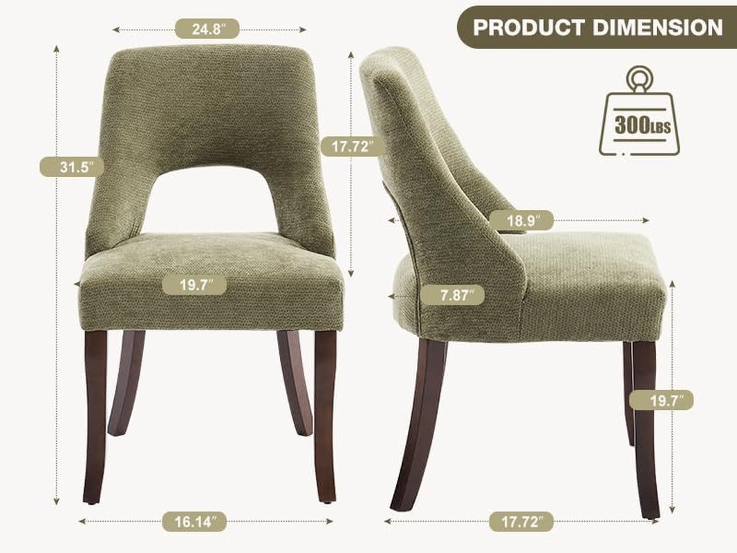 Wooden Dining Chairs Set of 2, Mid Century Modern Chenille Upholstered Dining Room Chair Kitchen Chairs, Farmhouse Dinner Chair with Solid Wood Legs for Kitchen Dining Room, Green