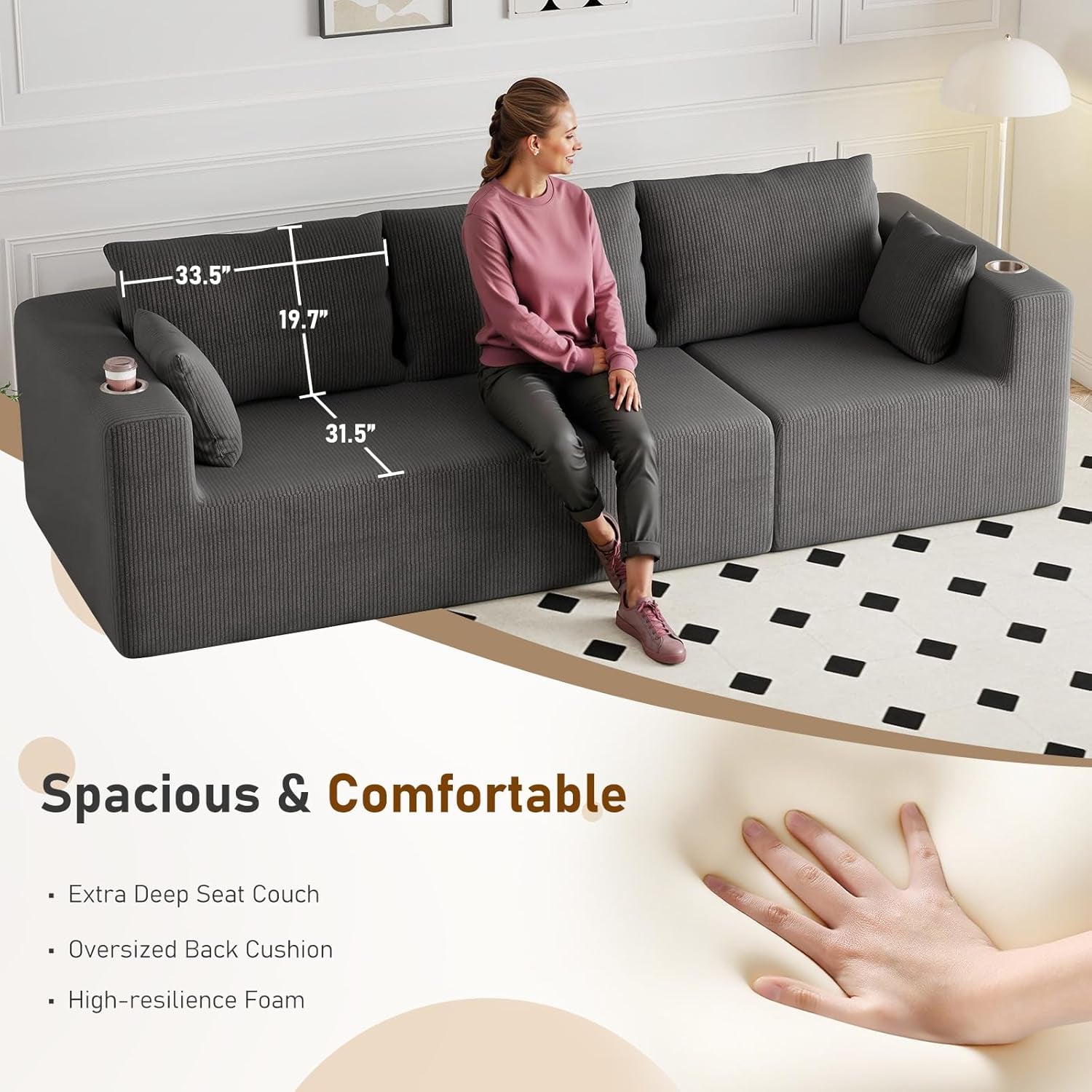 112" U Shaped Modular Sectional Sofa with 2 Ottomans, Boneless Cloud Couch with Chaise for Living Room, Modern Deep Seat Lounge Sleeper Couch Bed, No Assembly, Corduroy Dark Grey