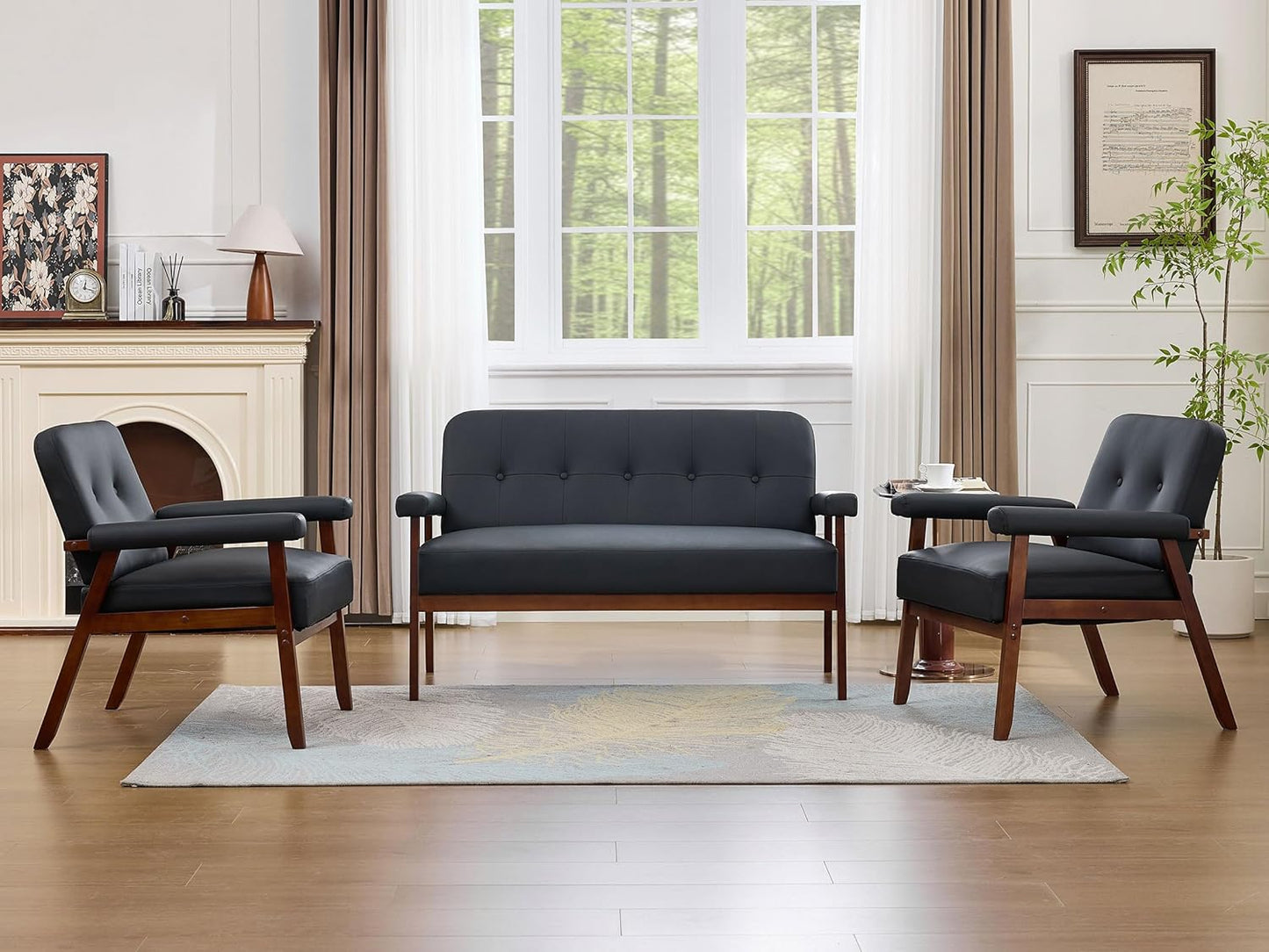 Black Leather Love Seat Sofa and Accent Chairs, Mid-Century Modern Office Furniture Loveseat Couch and Chair Set, Small Couches with Wood Arm, 3 Pieces Living Room Furniture Sets (3)