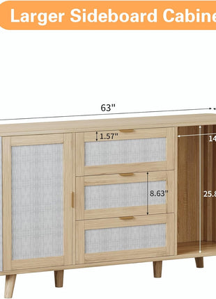 63-Inch Farmhouse Sideboard Buffet Cabinet with Three Drawers and Two Doors, Wooden Coffee Bar Storage for Kitchen and Living Room