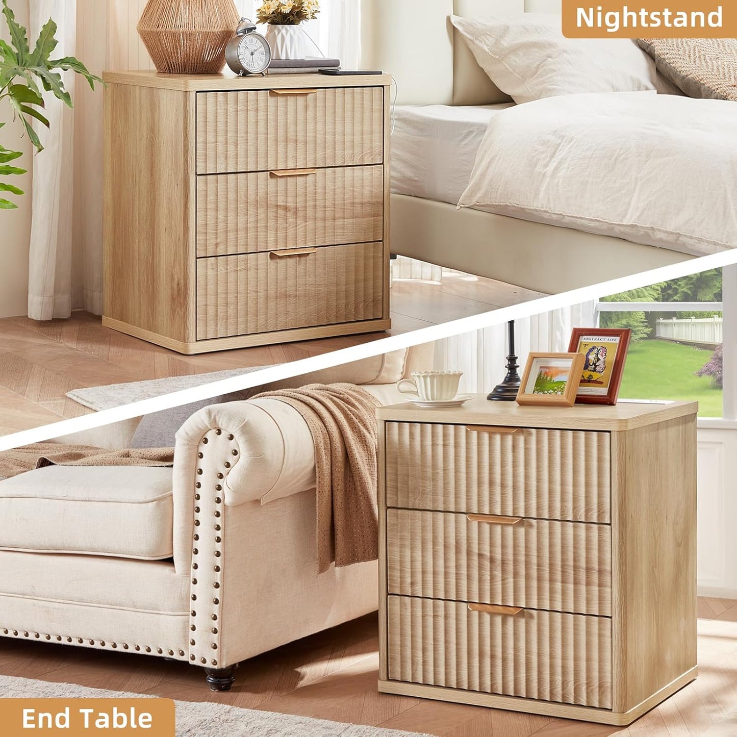 Fluted Dresser and Nightstand Sets, Wood 48" Wide Dresser & 23" Night Stand with Charging Station, 2 Piece Bedroom Furniture Set, Chest of Drawers for Bedroom, Home, Living Room,Wood