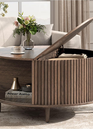 Contemporary Walnut Round Coffee Table with Storage, 31.5" Fluted Center Table for Living Room with Sliding Cabinet Door