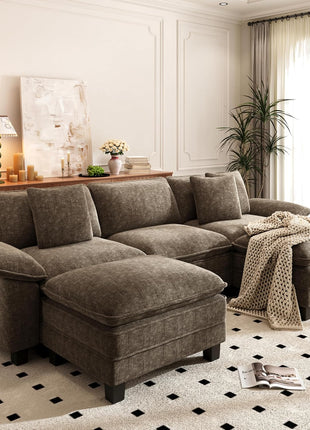 Cloud Modular Couch Sets: 123.6" U-Shaped Sectional Sofa with 5-Seater Capacity and 2 Movable Ottomans, Chenille Fabric in Taupe for Living Room