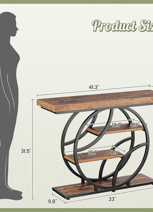 41.3-Inch Industrial Entryway Console Table with Storage Shelves in Rustic Brown Finish and O-Shaped Metal Frame