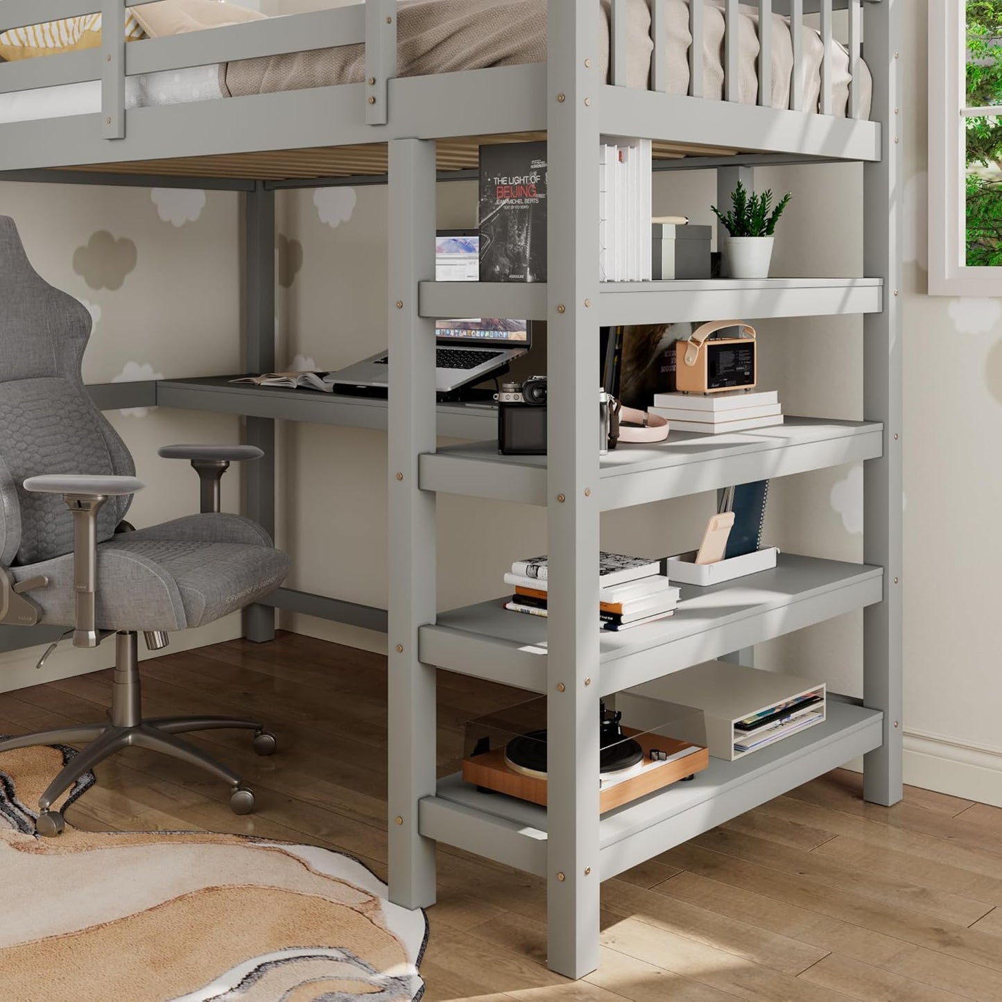 Wood Loft Bed with Desk : Full Size Loft Bed with 4-Storage Shelves and under Bed Desk Solid Wood Bed, Grey