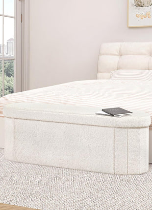 Collapsible Storage Ottoman for Living Room - Sherpa Upholstered Footrest and Bedroom Bench, 43.3 Inches, White