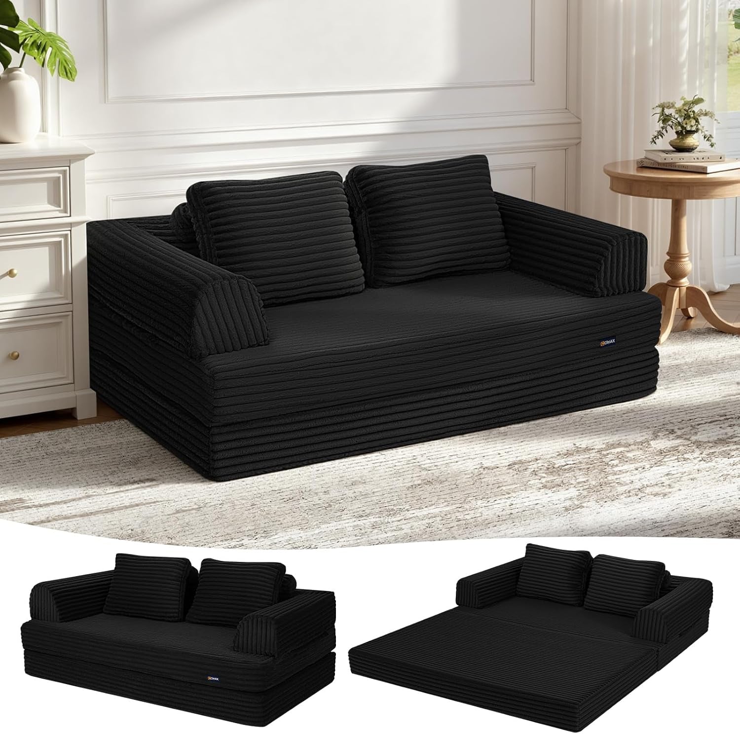 Convertible Sofa Bed, Folding Floor Couch Corduroy Fold Out Couch Bed Futon Sleeper Mattress with Pillows, Boneless Sofa Comfy Lounge Loveseat for Living Room Bedroom, Plush Black