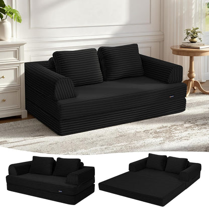 Convertible Sofa Bed, Folding Floor Couch Corduroy Fold Out Couch Bed Futon Sleeper Mattress with Pillows, Boneless Sofa Comfy Lounge Loveseat for Living Room Bedroom, Plush Black