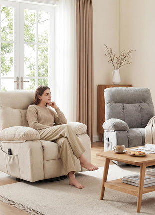 Rocker Recliner Chair with Swivel Function, Vibration Massage, and Lumbar Heating - 270° Rotating Chenille Fabric Recliner with Footrest for Living Room and Bedroom, Beige
