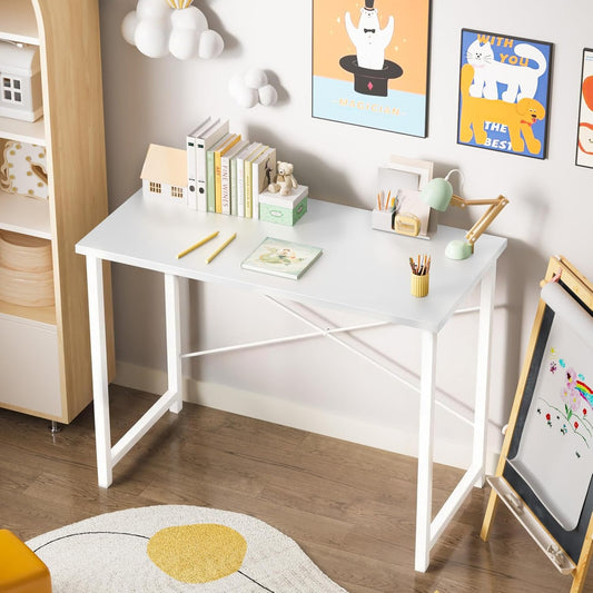 Computer Small Desk, 32 Inch Office Writing Work Study Student Home Bedroom Table with Metal Frame Wooden Tabletop No Wheels - White Wood