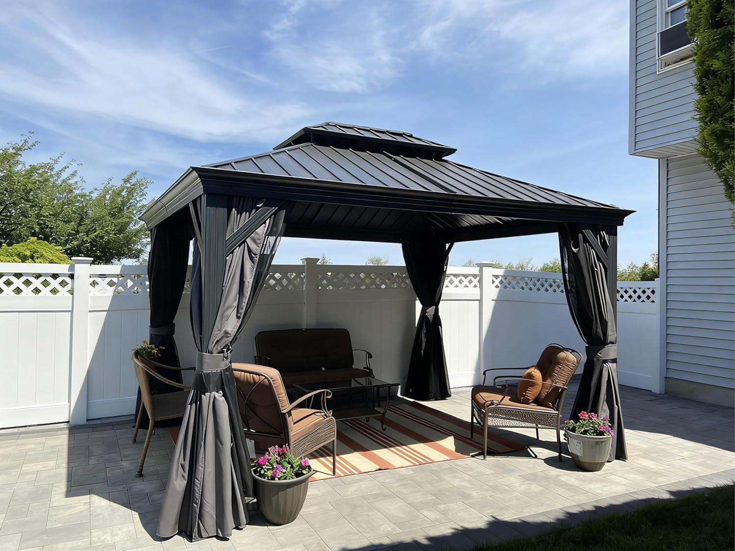 10' X 12' Permanent Hardtop Gazebo Aluminum Gazebo with Galvanized Steel Double Roof for Patio Lawn and Garden, Curtains and Netting Included, Grey