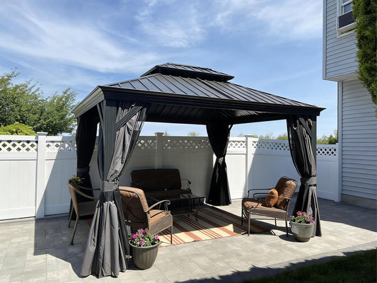 10' X 12' Permanent Hardtop Gazebo Aluminum Gazebo with Galvanized Steel Double Roof for Patio Lawn and Garden, Curtains and Netting Included, Grey