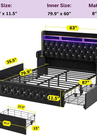Velvet Upholstered Queen Size Bed Frame with 4 Storage Drawers, Integrated Charging Station, and Storage Headboard, LED Accents, Crystal Décor, No Box Spring Required, Black