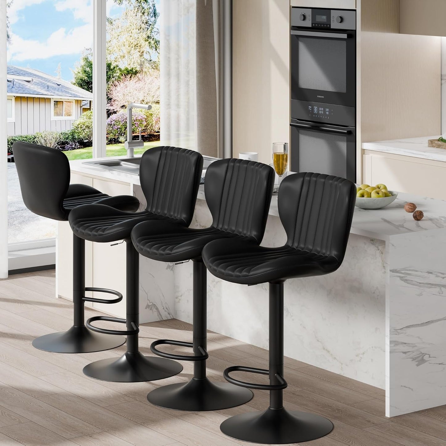 Bar Stools Set of 4 Modern Swivel Bar Chairs, Counter Height Faux Leather Metal Barstools, Upholstered Island Chairs with Back and Footrest, Black