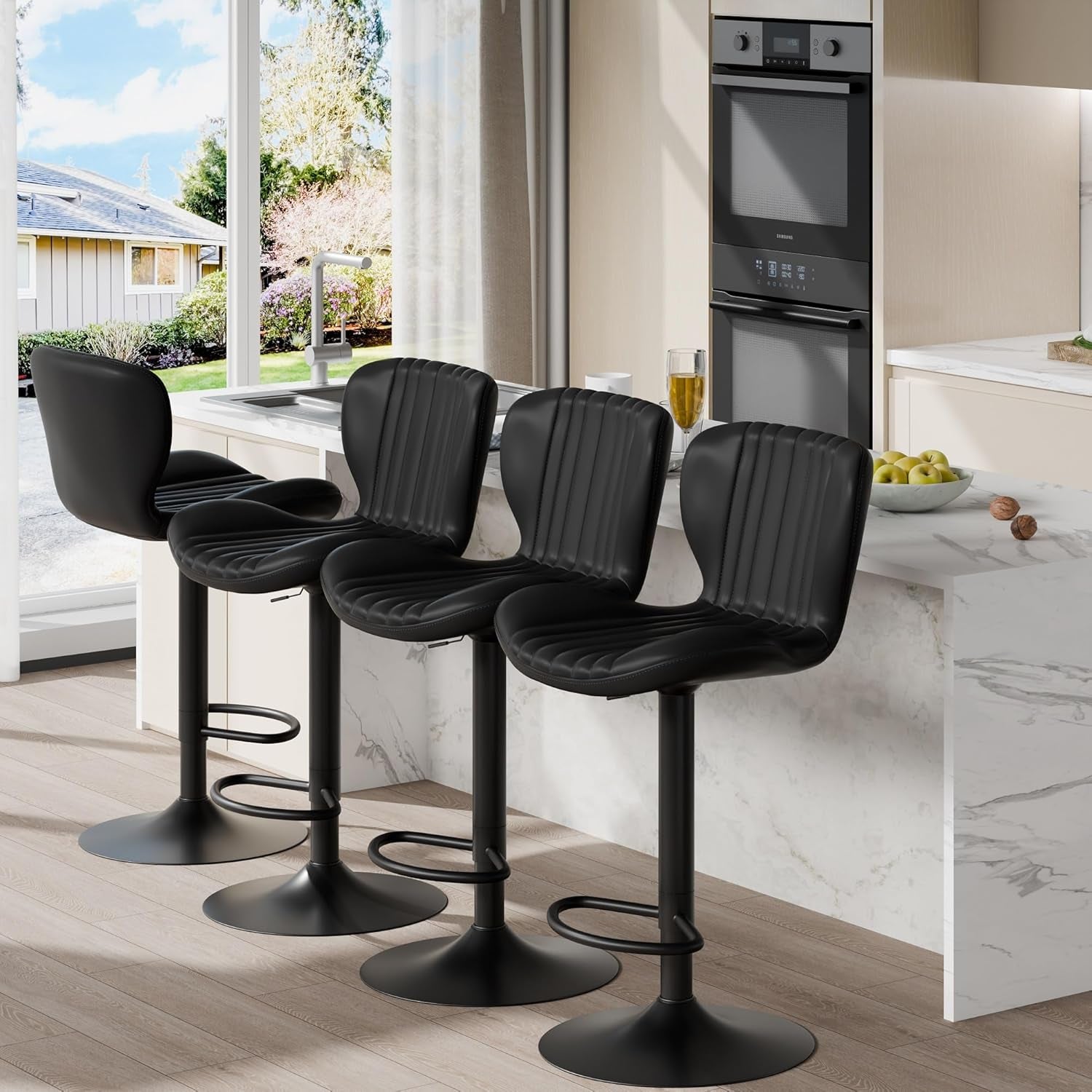 Bar Stools Set of 4 Modern Swivel Bar Chairs, Counter Height Faux Leather Metal Barstools, Upholstered Island Chairs with Back and Footrest, Black