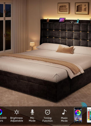 Queen Size Velvet Upholstered Bed Frame with 3 Storage Drawers, RGB LED Lights, Charging Station, and Storage Headboard - No Box Spring Required, Easy Assembly, Noise-Free, Black