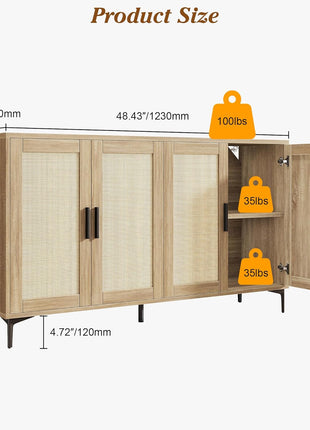 48" Rattan Buffet Cabinet with Adjustable Shelves - Modern Sideboard Console Table for Kitchen, Living Room, Entryway, and Dining Room