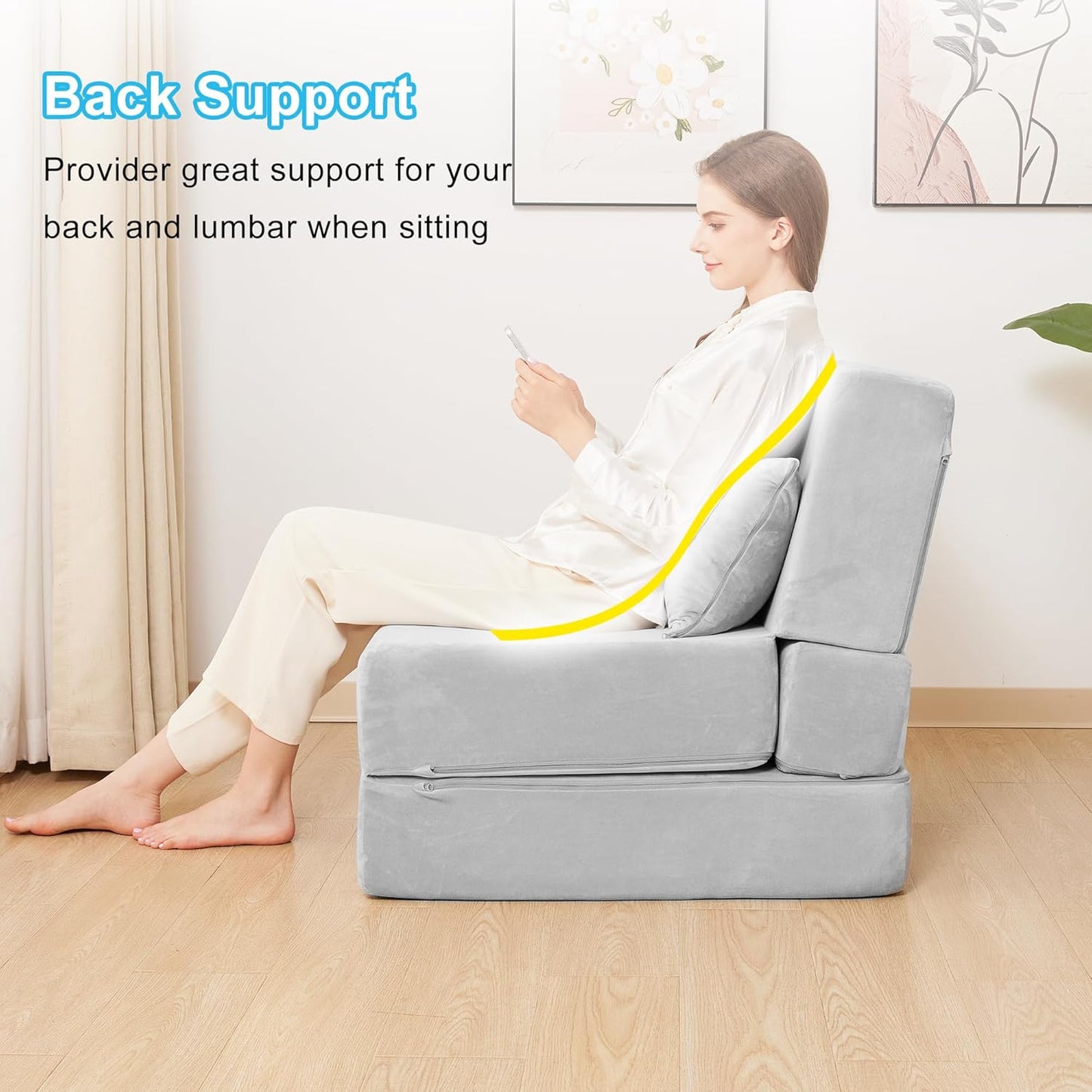 Folding Sofa Bed, Convertible Sleeper Chair with Pillow, Foldable Mattress & Back Support, Portable Floor Lounger Futon for Apartment, Dorm, Living Room, Bedroom, Grey