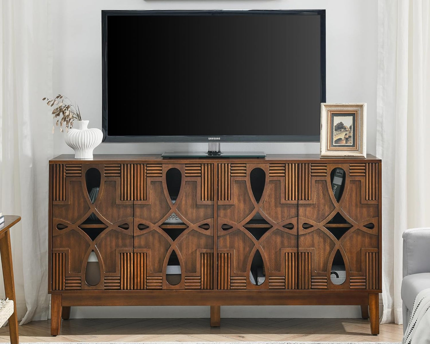 60" Mid Century Modern Sideboard Buffet with Hollow Carved Doors and Outlet Holes,Vintage Accent Cabinet Credenzas Storage Cabinet Walnut