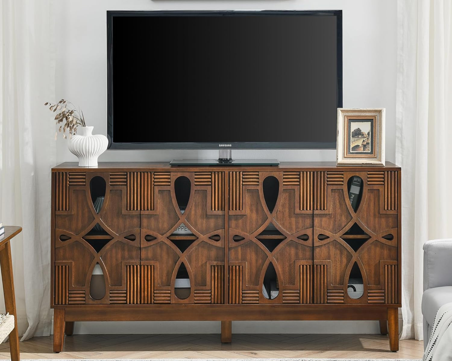 60" Mid Century Modern Sideboard Buffet with Hollow Carved Doors and Outlet Holes,Vintage Accent Cabinet Credenzas Storage Cabinet Walnut