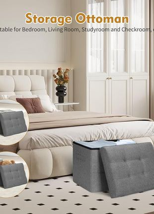 Extra Thick Foam Padded Storage Ottoman with Foldable Footrest, Linen Fabric Bench for Bedroom and Living Room, 43L Capacity, 300 lbs Weight Capacity, Dimensions: 17" x 13" x 13", Dark Gray