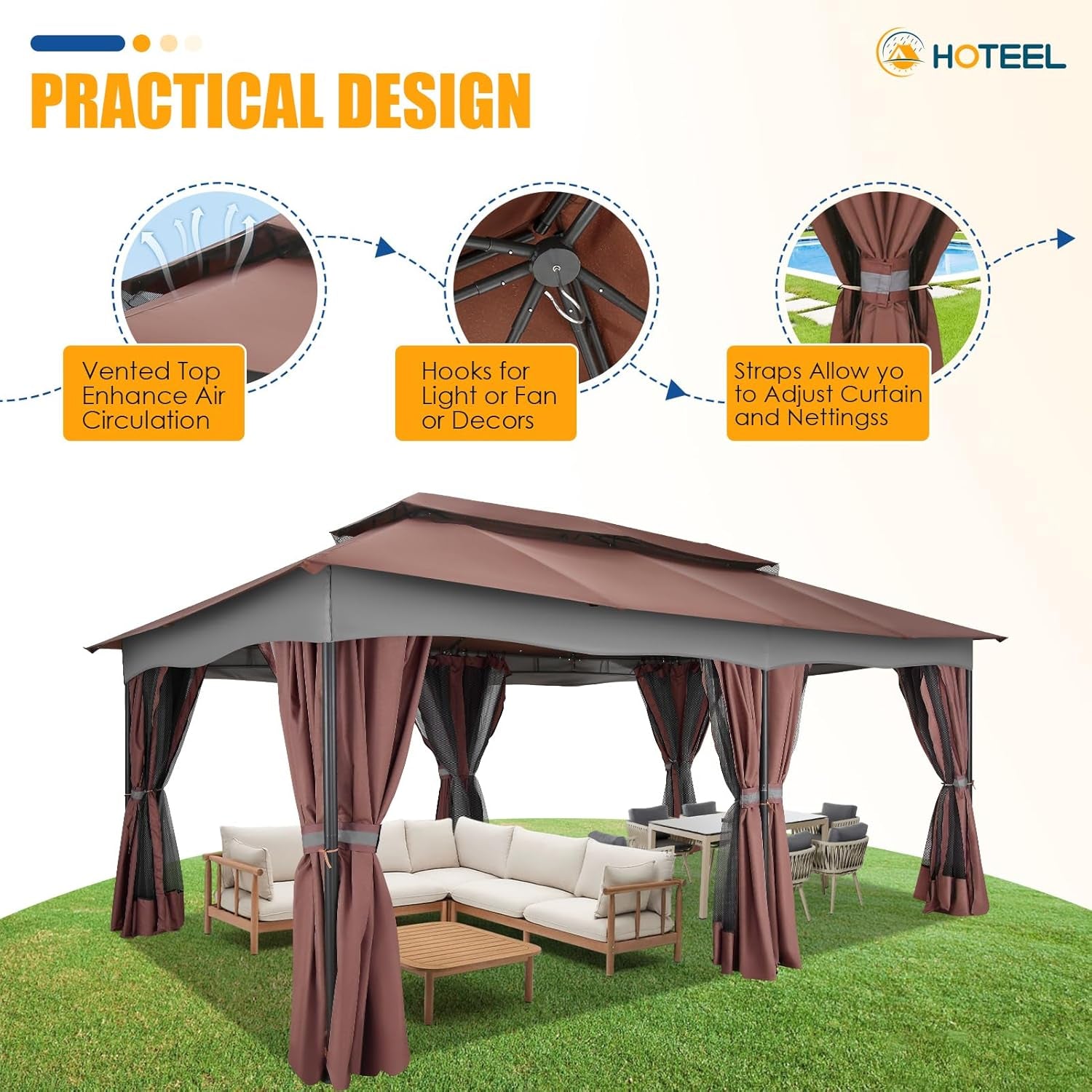 Gazebo 12X20, Outdoor Gazebo on Clearance with Double Ventilated Arc Roof, Privacy Curtains & Mosquito Netting, Easy Set up Canopy Tent with Stable Metal Frame for Patio, Brown
