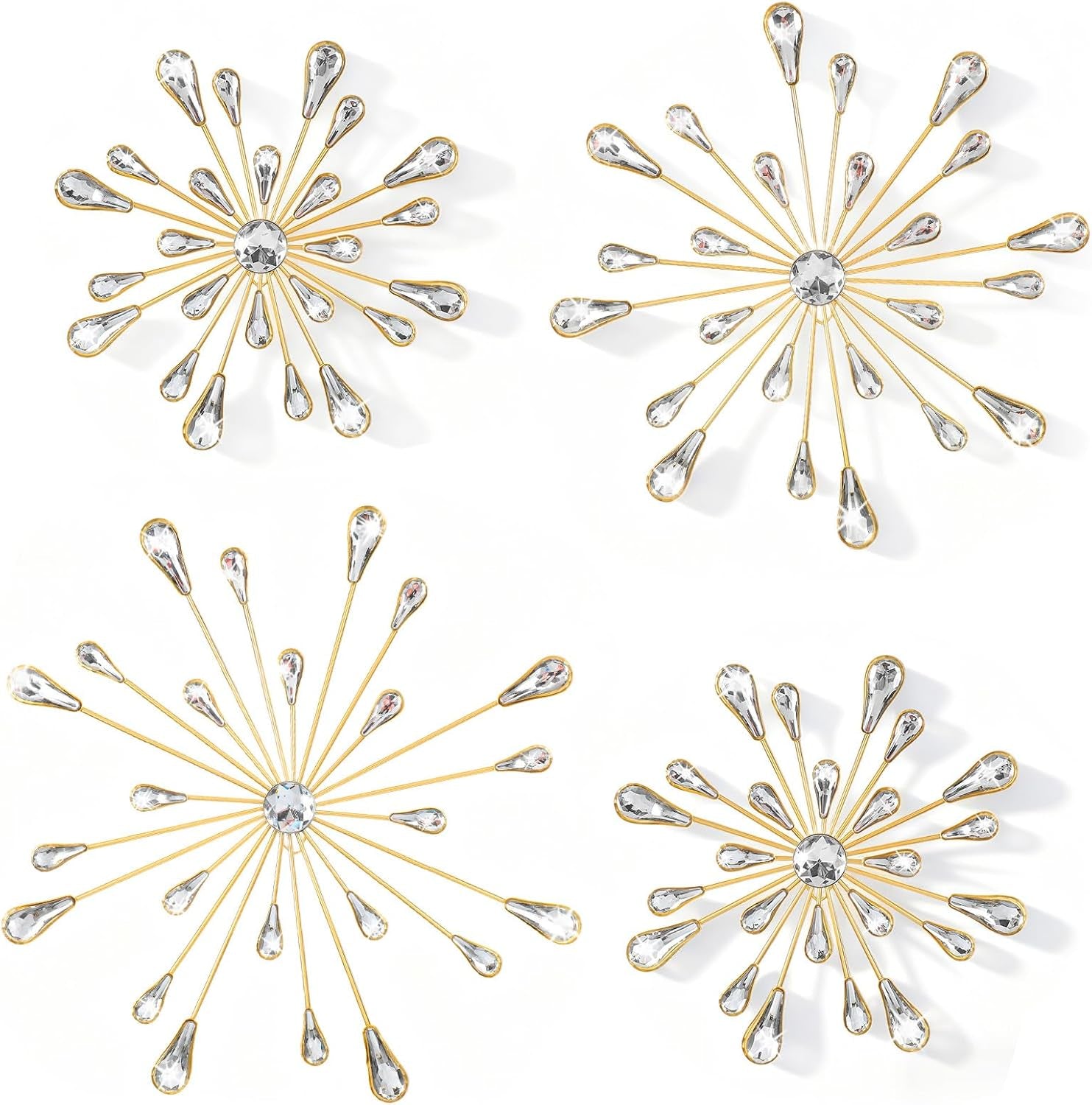 4Pcs Gold Metal Jeweled Wall Art, Starburst Wall Decor, Bling Crystal Home Décor, Star Sun Rhinestone Hanging, Diamond Accents Home Decorative for Living Room, Bedroom, Entryway