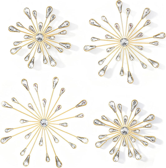 4Pcs Gold Metal Jeweled Wall Art, Starburst Wall Decor, Bling Crystal Home Décor, Star Sun Rhinestone Hanging, Diamond Accents Home Decorative for Living Room, Bedroom, Entryway