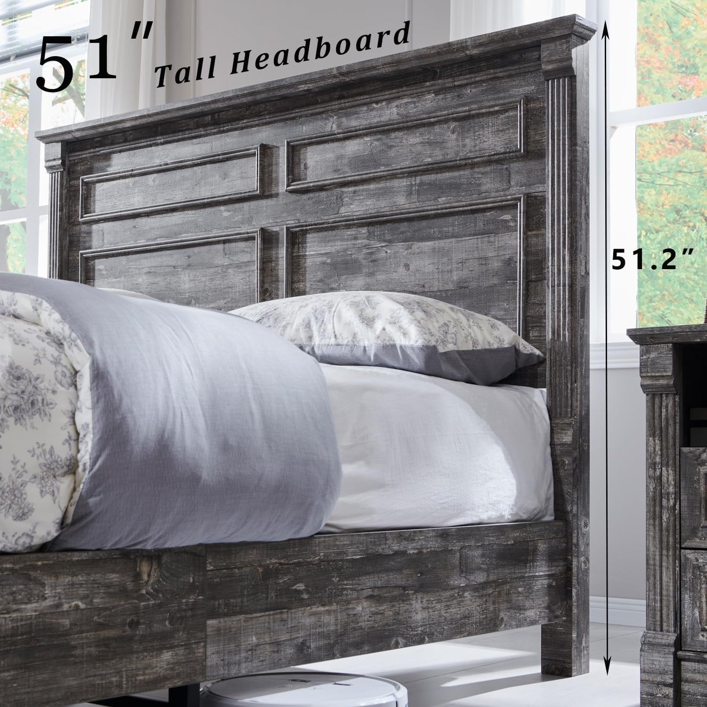 Farmhouse Queen Size Bed Frame with 51" Tall Headboard, Wood Platform Bed Frame with 20" Tall Roman Column Decoration Footboard & 2 Large Storage Drawers, No Box Spring Needed (Light Grey)