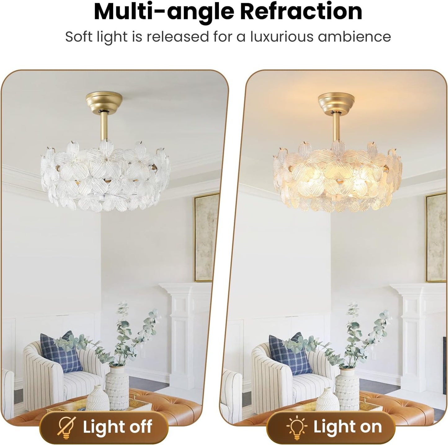 20'' Fandelier Ceiling Fans with Lights, Gold Caged Ceiling Fan with Remote Low Profile, 6 Speed and Petal, Modern Semi Flush Mount Ceiling Fan for Bedroom, Living Room, Nursery